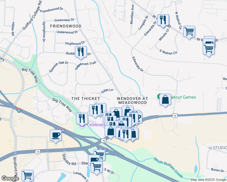 map of restaurants, bars, coffee shops, grocery stores, and more near 810 Meadowood Street in Greensboro