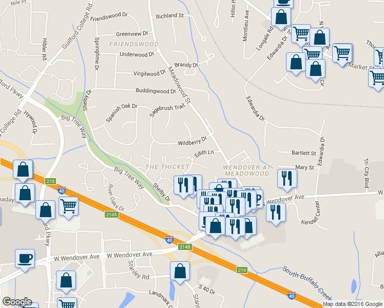 map of restaurants, bars, coffee shops, grocery stores, and more near 4206 Edith Lane in Greensboro