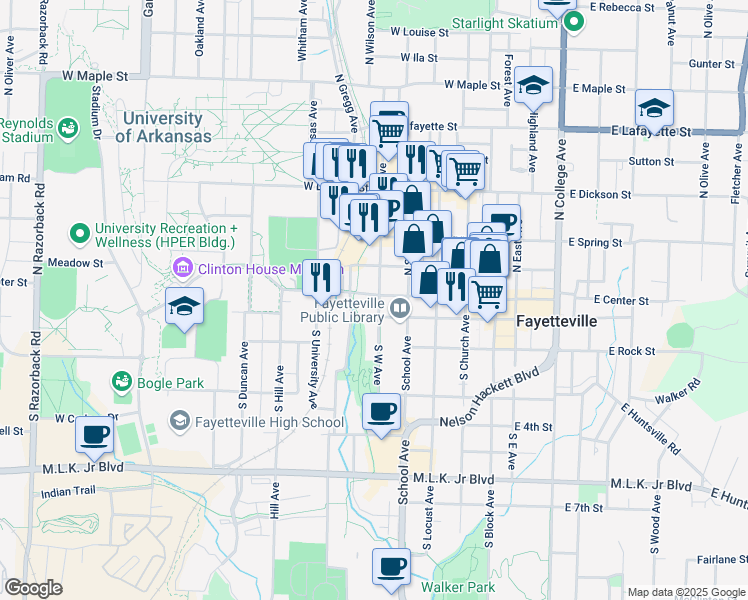 map of restaurants, bars, coffee shops, grocery stores, and more near 9 North West Avenue in Fayetteville