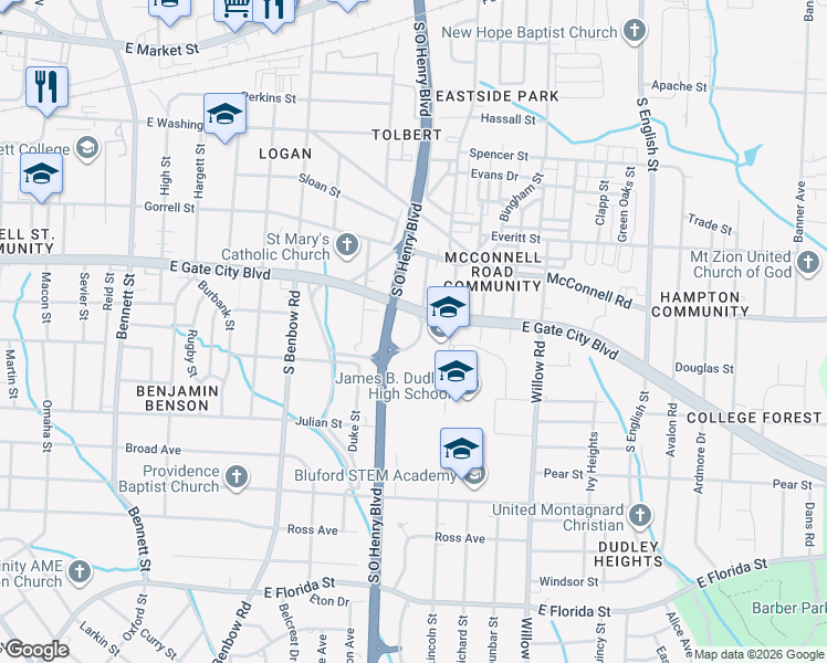 map of restaurants, bars, coffee shops, grocery stores, and more near 1802 East Gate City Boulevard in Greensboro