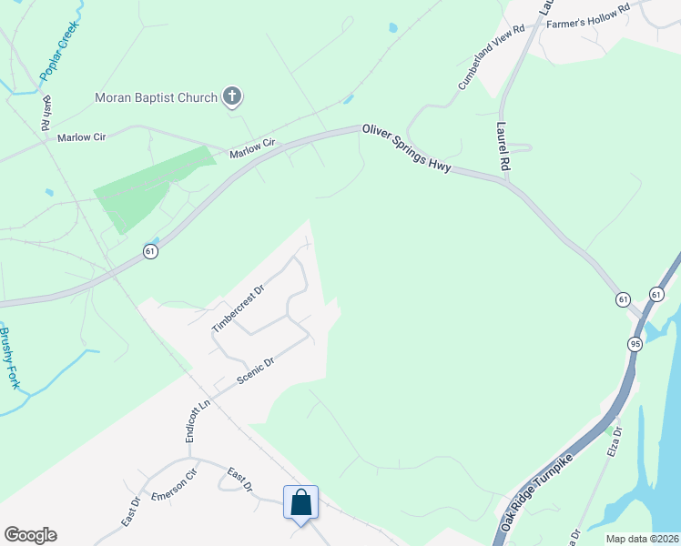 map of restaurants, bars, coffee shops, grocery stores, and more near 91 Timbercrest Drive in Oak Ridge