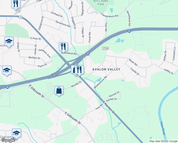 map of restaurants, bars, coffee shops, grocery stores, and more near 1040 Watercourse Circle in Graham