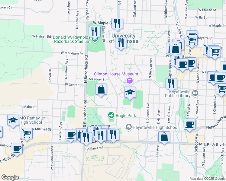 map of restaurants, bars, coffee shops, grocery stores, and more near 1139 Stadium Drive in Fayetteville