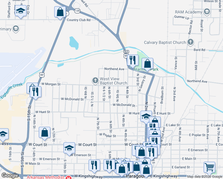 map of restaurants, bars, coffee shops, grocery stores, and more near 504 West Morgan Street in Paragould