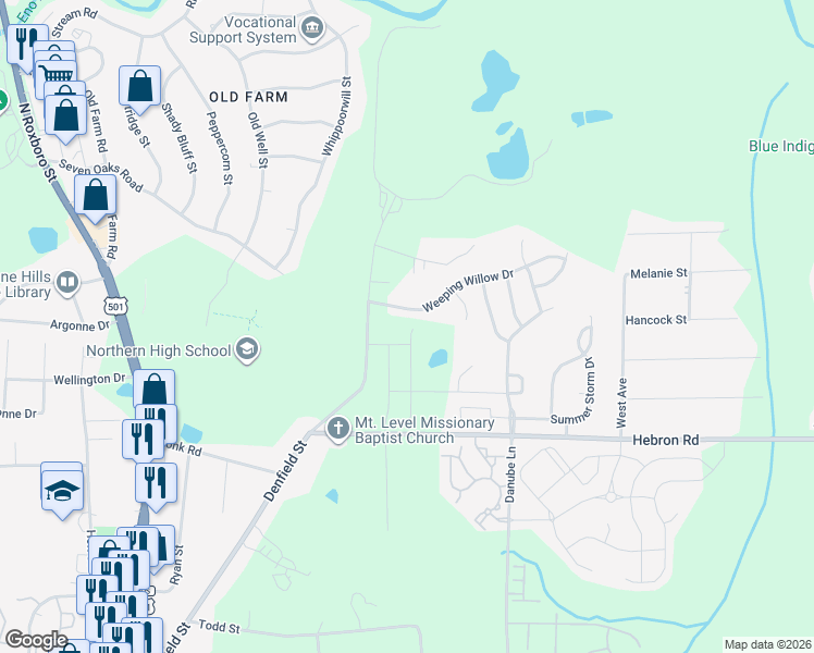 map of restaurants, bars, coffee shops, grocery stores, and more near 320 Weeping Willow Drive in Durham