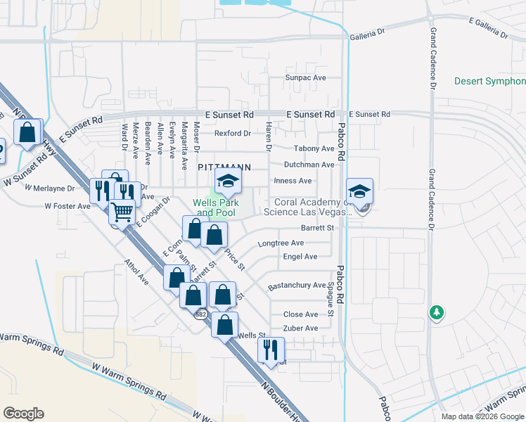 map of restaurants, bars, coffee shops, grocery stores, and more near 1600 Justin Court in Henderson