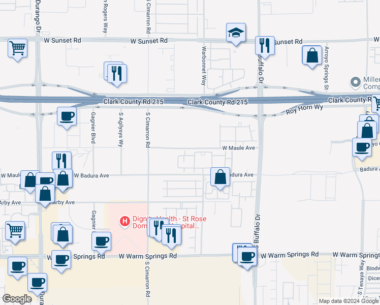map of restaurants, bars, coffee shops, grocery stores, and more near 8000 West Badura Avenue in Las Vegas