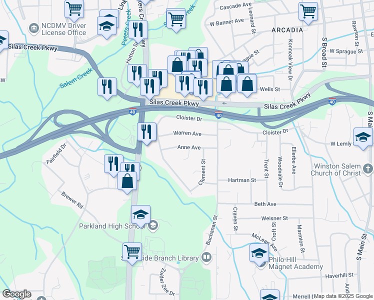 map of restaurants, bars, coffee shops, grocery stores, and more near 2700 Brightwood Court in Winston-Salem