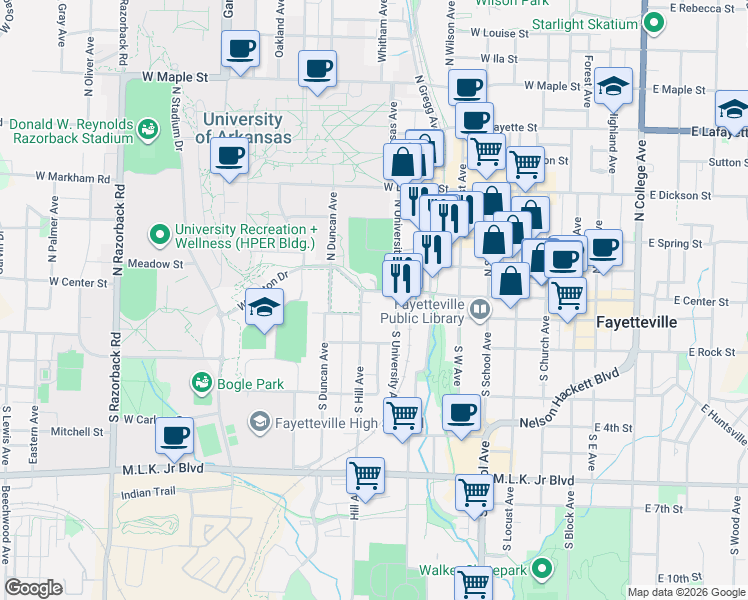 map of restaurants, bars, coffee shops, grocery stores, and more near 13 South University Avenue in Fayetteville