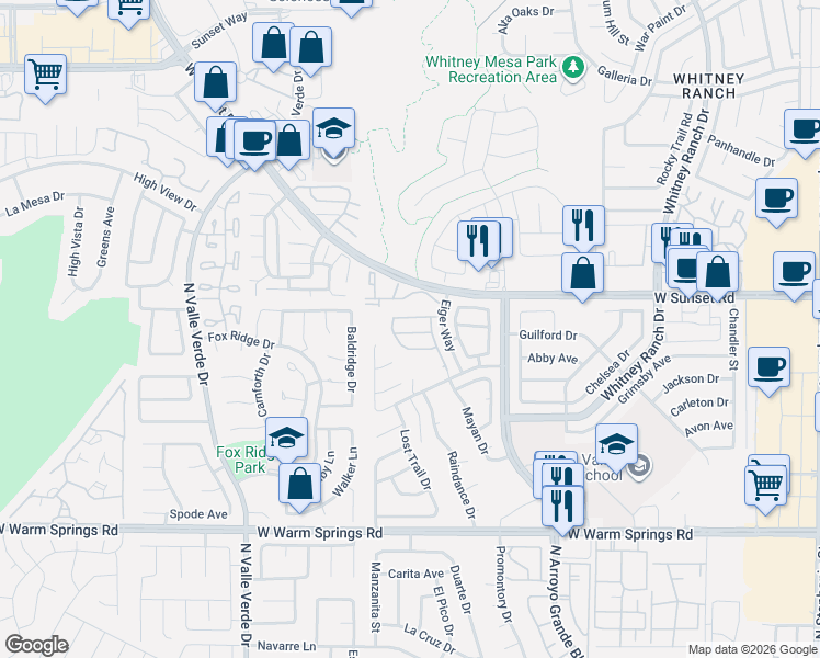map of restaurants, bars, coffee shops, grocery stores, and more near 1716 Comstock Drive in Henderson