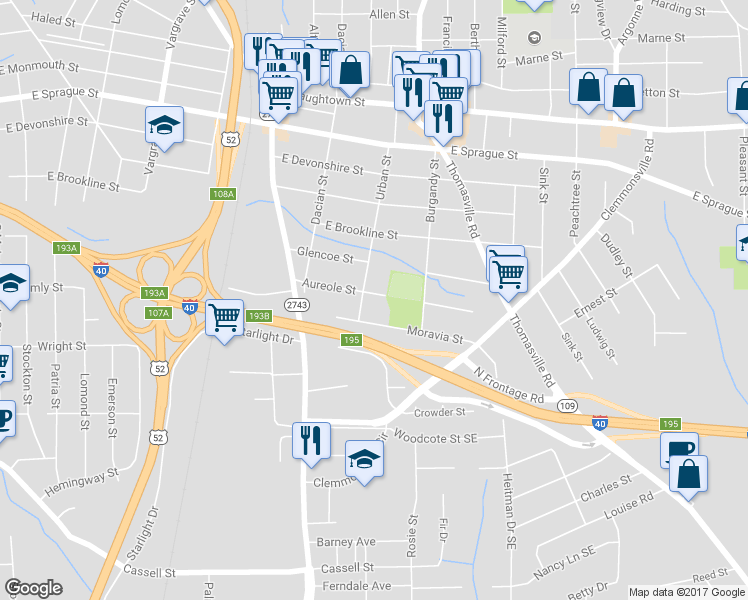 map of restaurants, bars, coffee shops, grocery stores, and more near 812 Aureole Street in Winston-Salem