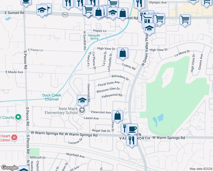 map of restaurants, bars, coffee shops, grocery stores, and more near 3140 Floral Vista Avenue in Henderson