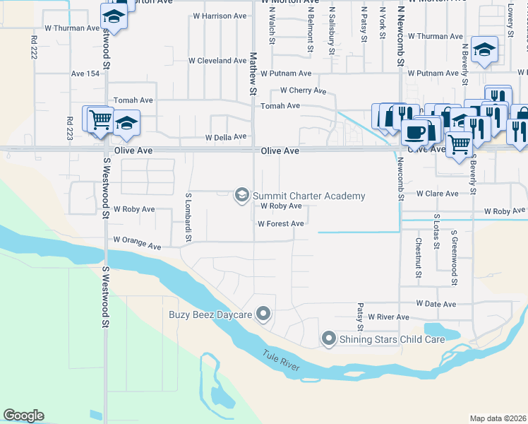 map of restaurants, bars, coffee shops, grocery stores, and more near 1971 West Roby Avenue in Porterville