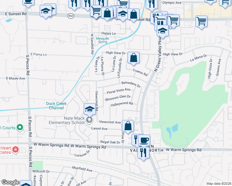 map of restaurants, bars, coffee shops, grocery stores, and more near 3133 Floral Vista Avenue in Henderson