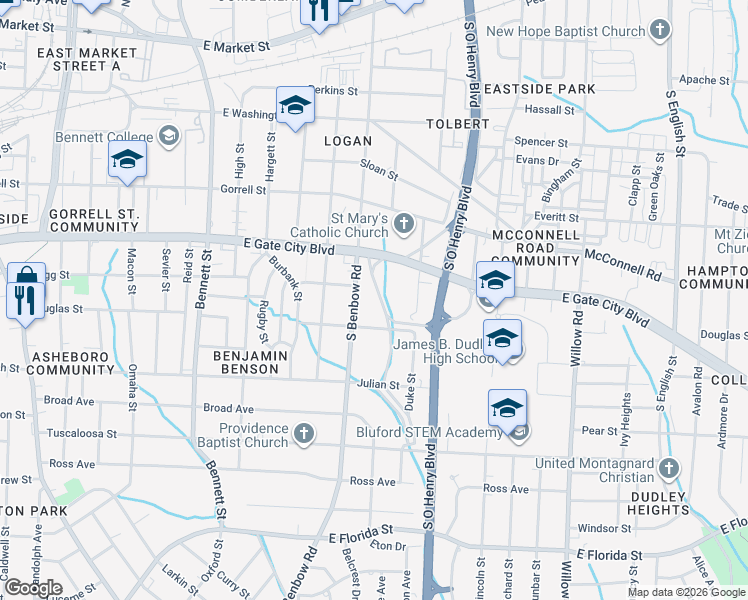 map of restaurants, bars, coffee shops, grocery stores, and more near 1006A East Side Drive in Greensboro