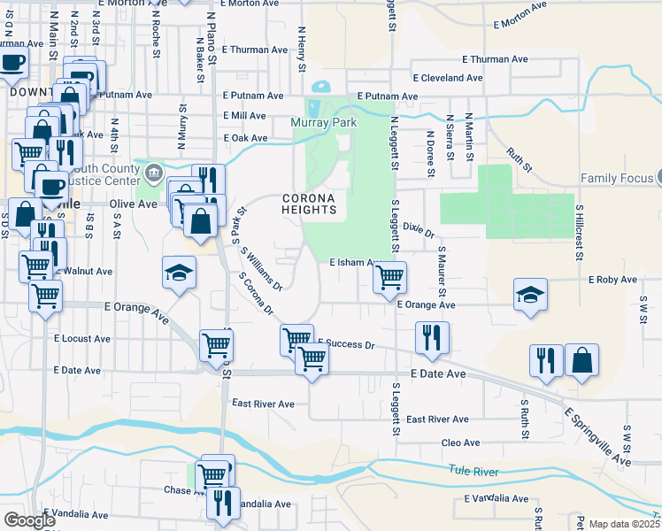 map of restaurants, bars, coffee shops, grocery stores, and more near 653 East Isham Avenue in Porterville