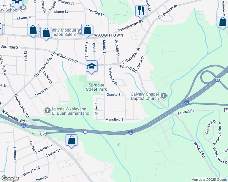 map of restaurants, bars, coffee shops, grocery stores, and more near 1631 1/2 Granite Street in Winston-Salem