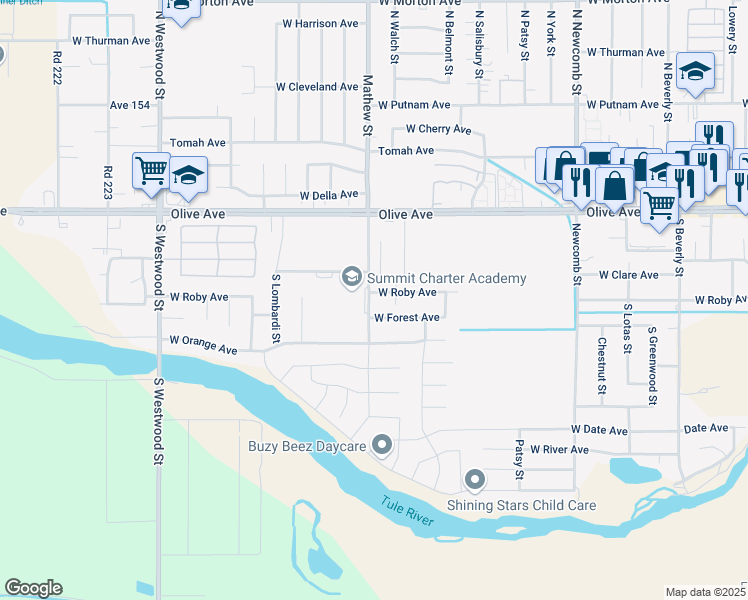 map of restaurants, bars, coffee shops, grocery stores, and more near 1987 West Roby Avenue in Porterville