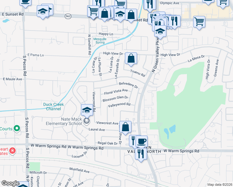 map of restaurants, bars, coffee shops, grocery stores, and more near 3123 Floral Vista Avenue in Henderson