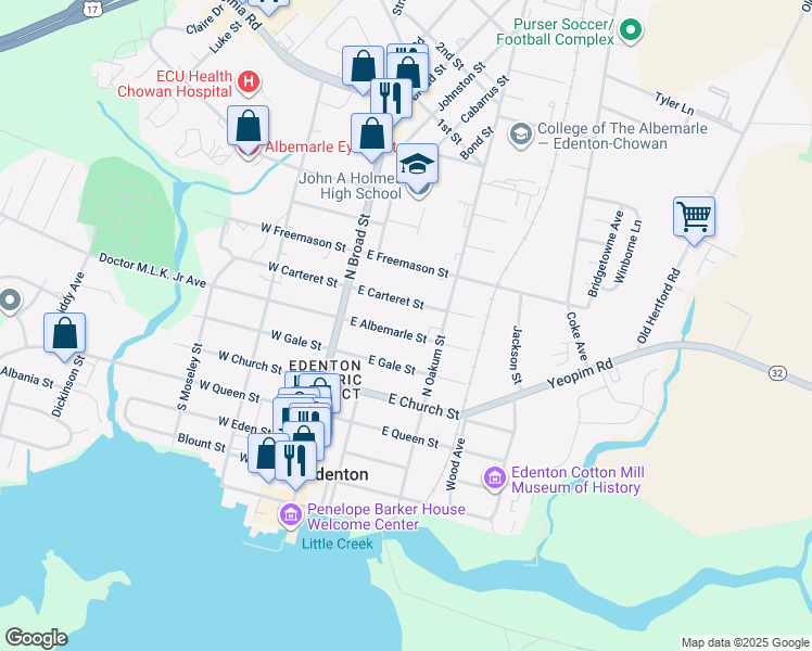 map of restaurants, bars, coffee shops, grocery stores, and more near 136 East Carteret Street in Edenton