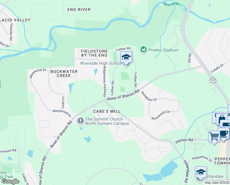 map of restaurants, bars, coffee shops, grocery stores, and more near 3136 Luther Road in Durham