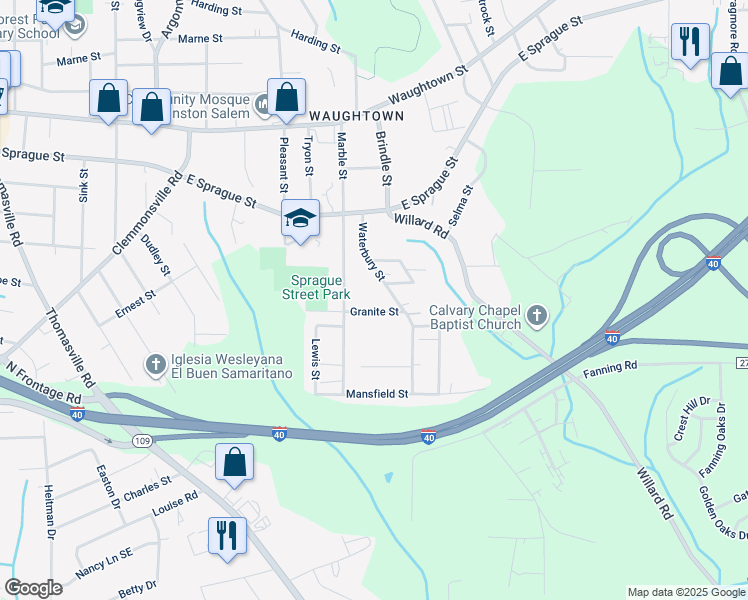 map of restaurants, bars, coffee shops, grocery stores, and more near 1631 1/2 Granite Street in Winston-Salem