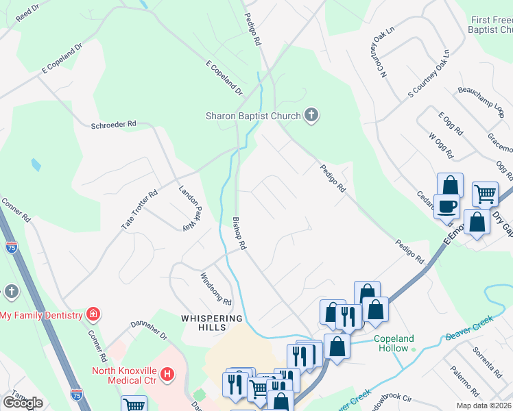 map of restaurants, bars, coffee shops, grocery stores, and more near 7841 Mendonhall Estates Boulevard in Knoxville