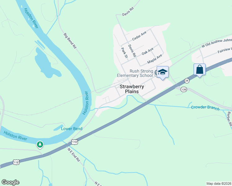 map of restaurants, bars, coffee shops, grocery stores, and more near 112 Main Street in Strawberry Plains