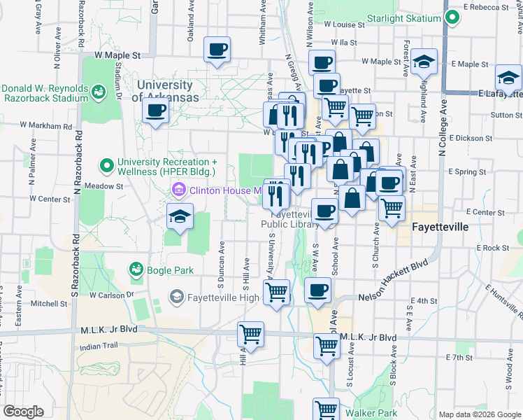 map of restaurants, bars, coffee shops, grocery stores, and more near 13 South University Avenue in Fayetteville