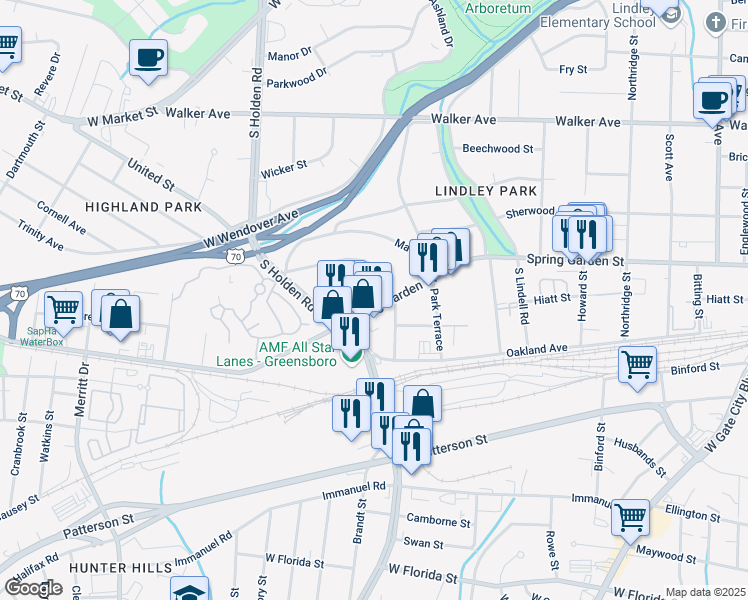 map of restaurants, bars, coffee shops, grocery stores, and more near 3009 Peebles Drive in Greensboro