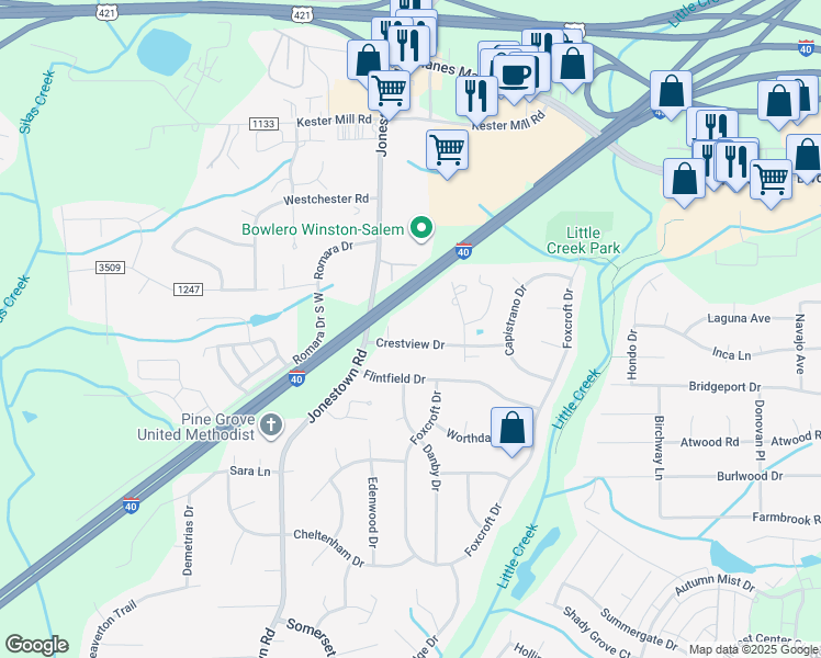 map of restaurants, bars, coffee shops, grocery stores, and more near 918 Hazelwood Drive in Winston-Salem