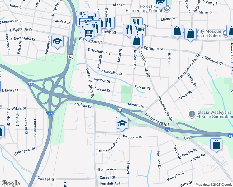 map of restaurants, bars, coffee shops, grocery stores, and more near 812 Aureole Street in Winston-Salem