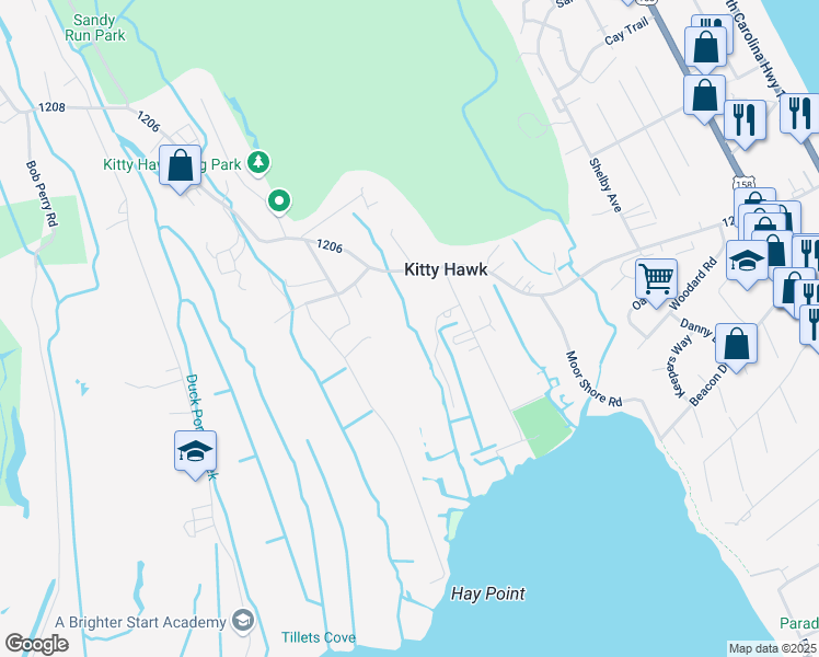 map of restaurants, bars, coffee shops, grocery stores, and more near 3863 Herbert Perry Road in Kitty Hawk