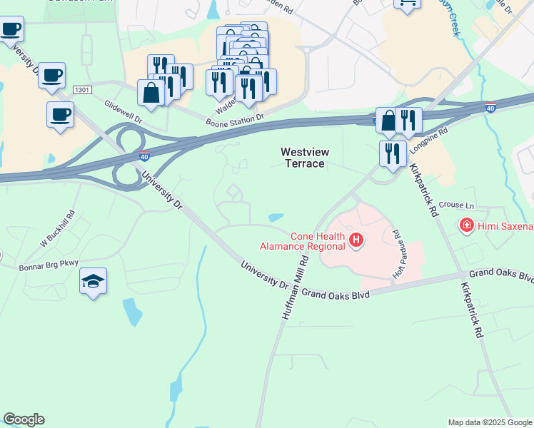 map of restaurants, bars, coffee shops, grocery stores, and more near 1844 Saint Marks Church Road in Burlington
