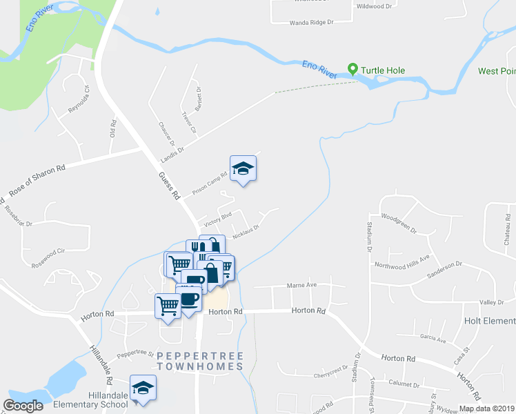 map of restaurants, bars, coffee shops, grocery stores, and more near 14 Bogie Court in Durham
