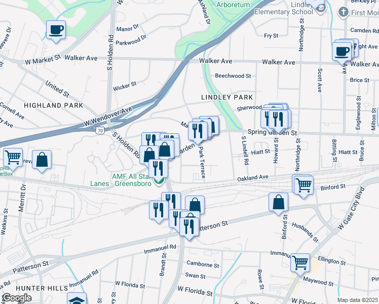 map of restaurants, bars, coffee shops, grocery stores, and more near 2909 Spring Garden Street in Greensboro