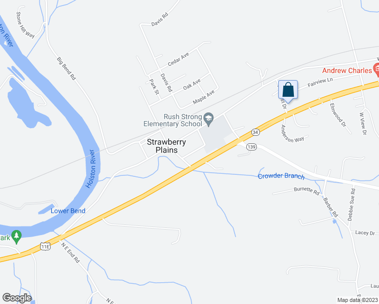 map of restaurants, bars, coffee shops, grocery stores, and more near 3310 School Avenue in Strawberry Plains
