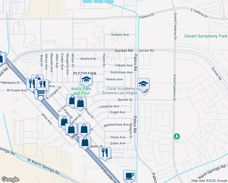 map of restaurants, bars, coffee shops, grocery stores, and more near 510 Crony Avenue in Henderson