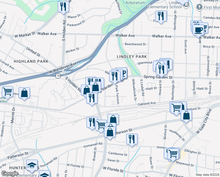 map of restaurants, bars, coffee shops, grocery stores, and more near 2909 Spring Garden Street in Greensboro
