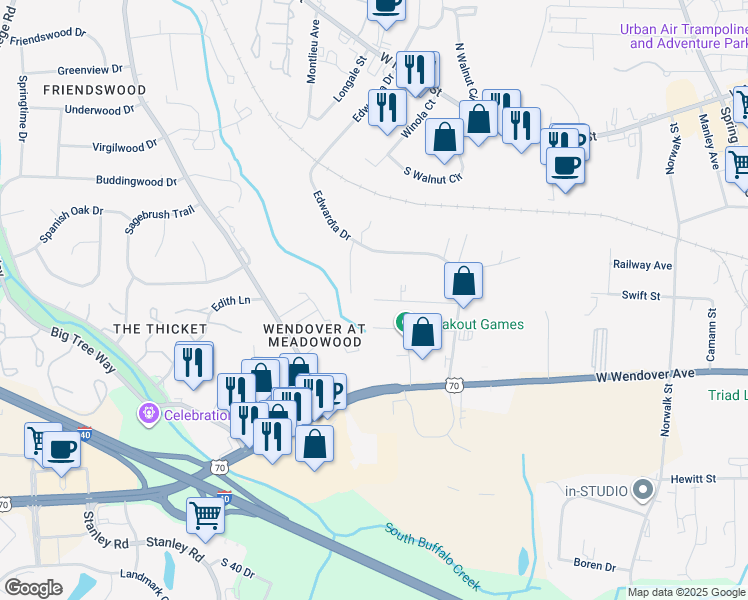 map of restaurants, bars, coffee shops, grocery stores, and more near 5021 Bartlett Street in Greensboro