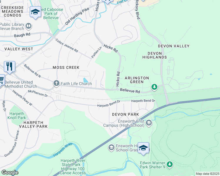 map of restaurants, bars, coffee shops, grocery stores, and more near 401 Sunvalley West in Nashville