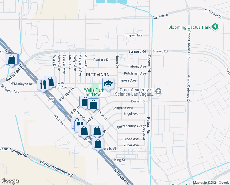 map of restaurants, bars, coffee shops, grocery stores, and more near 1604 Justin Place in Henderson