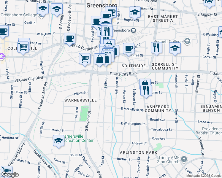 map of restaurants, bars, coffee shops, grocery stores, and more near 118 East Bragg Street in Greensboro