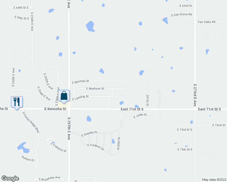 map of restaurants, bars, coffee shops, grocery stores, and more near 1105 North 84th Street in Broken Arrow