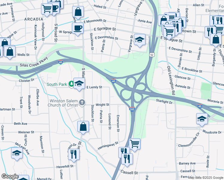 map of restaurants, bars, coffee shops, grocery stores, and more near 2711 Lomond Street in Winston-Salem