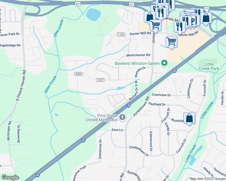 map of restaurants, bars, coffee shops, grocery stores, and more near 856 Silver Leaf Drive in Winston-Salem