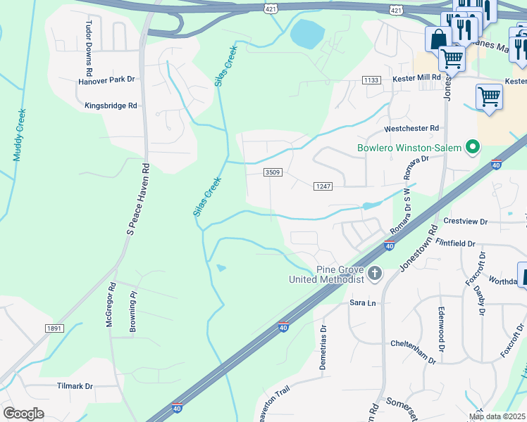 map of restaurants, bars, coffee shops, grocery stores, and more near 4740 Chippendale Way in Winston-Salem