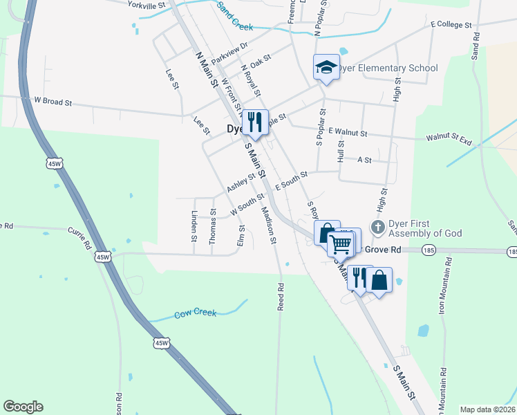 map of restaurants, bars, coffee shops, grocery stores, and more near 404 South Main Street in Dyer