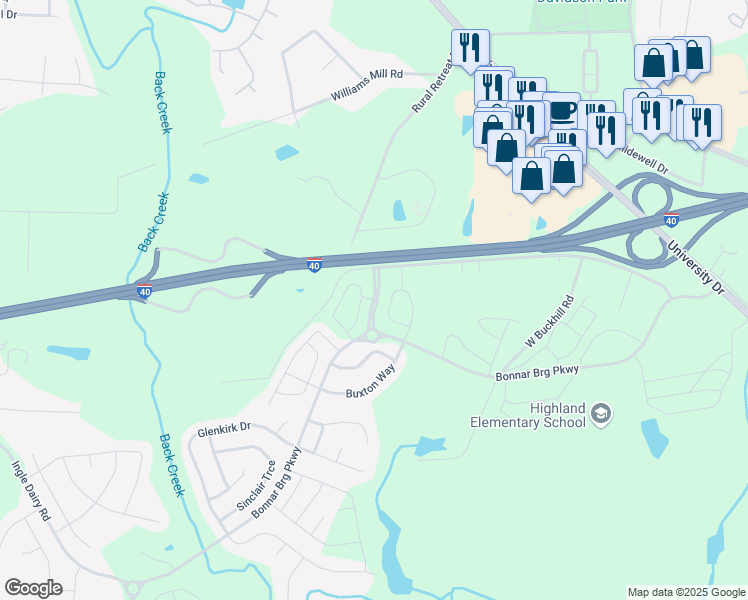 map of restaurants, bars, coffee shops, grocery stores, and more near Mackintosh Drive in Burlington