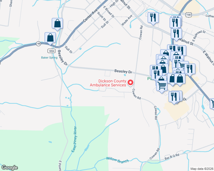 map of restaurants, bars, coffee shops, grocery stores, and more near 150 Autumn Way in Dickson